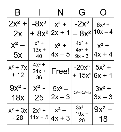 MULTIPLYING POLYNOMIALS Bingo Card