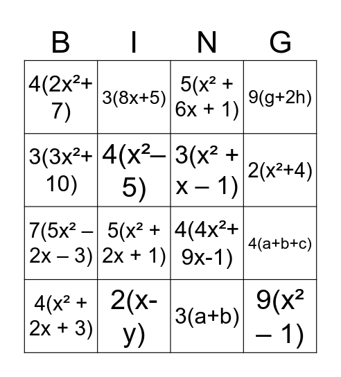 MULTIPLYING POLYNOMIALS Bingo Card