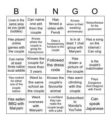 Fendi & Maryam's Human Bingo! Bingo Card
