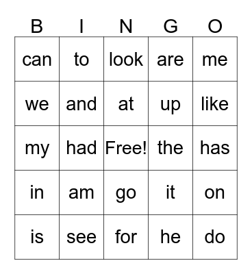 Sight Words Bingo Card