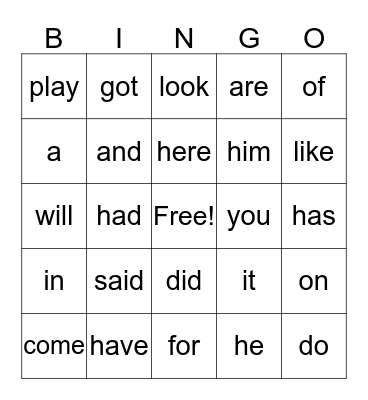 Sight Words Bingo Card