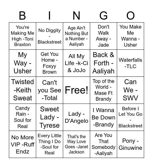 R & B Bingo Card