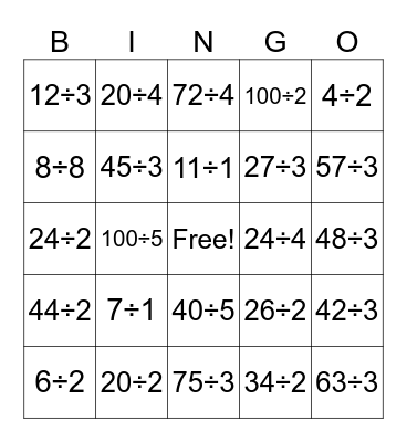 Division Bingo Card
