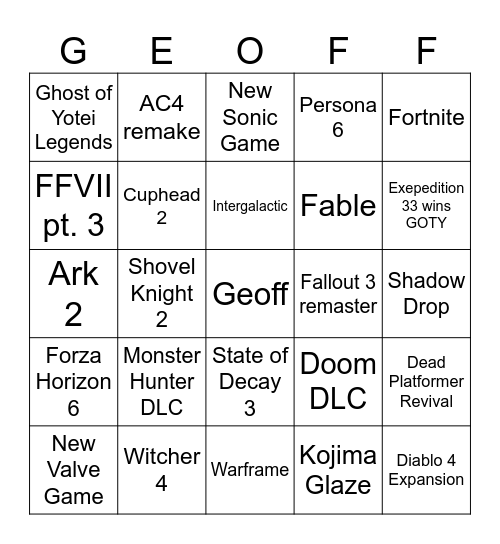 Game Awards 2025 Bingo Card