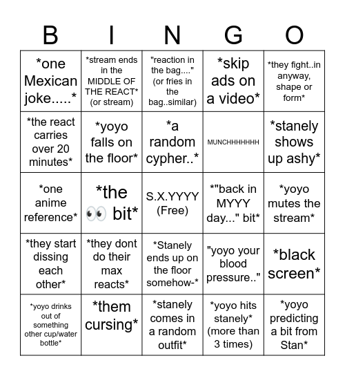 SXY BINGO Card