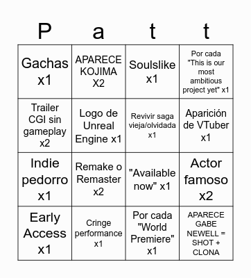 Game Awards Pastuki edition Bingo Card