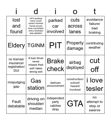 cars Bingo Card