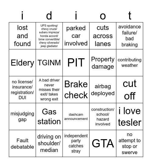cars Bingo Card