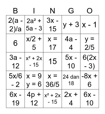 BINGO ALGEBRA Bingo Card
