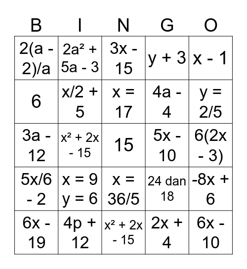 BINGO ALGEBRA Bingo Card
