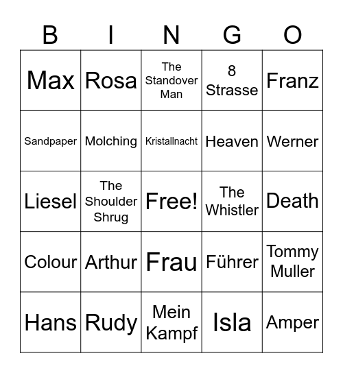 The Book Thief Bingo Card