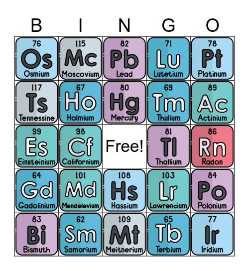 Chemical Elements 61–118 Bingo Card