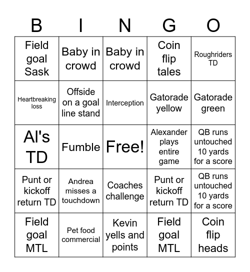 Grey Cup Bingo Card