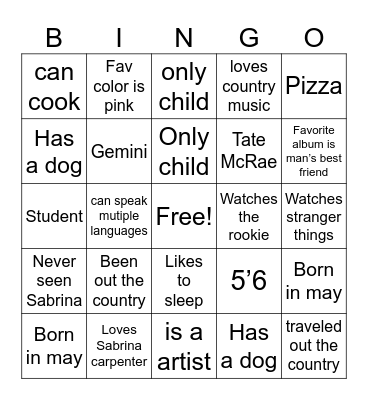 Get to Know Me Bingo Card
