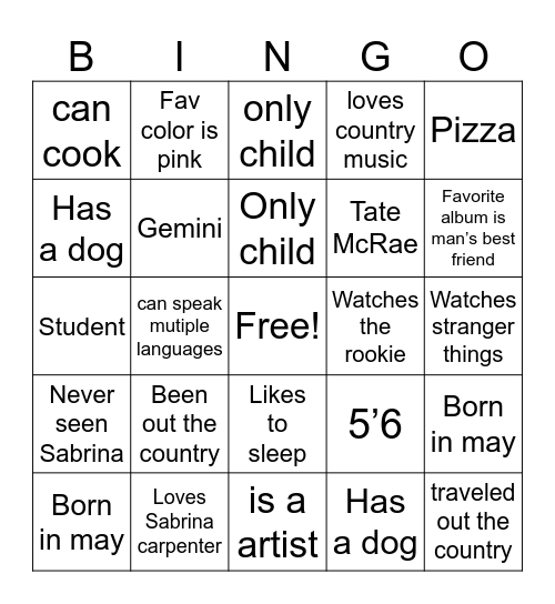 Get to Know Me Bingo Card