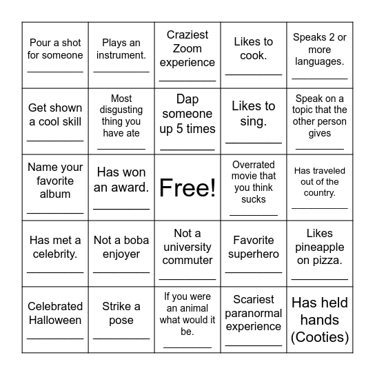 Ice Breaker Blackout Bingo Card