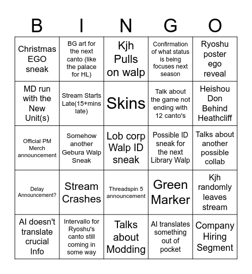 Anniversary Stream Bingo Card