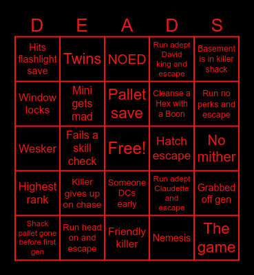 Dead by daylight Bingo Card