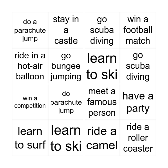 Experiences Bingo Card