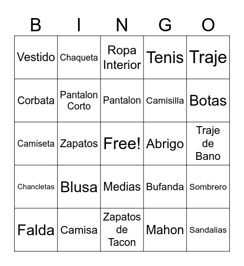La ropa Bingo Card