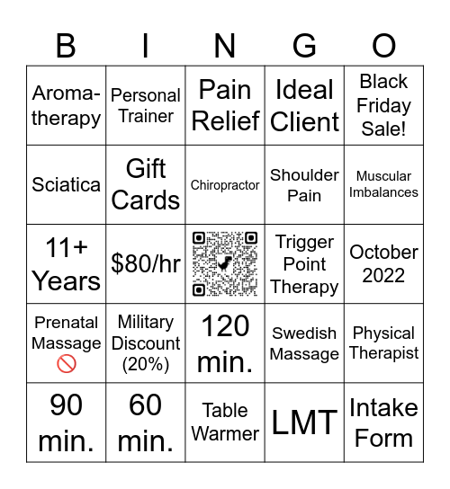 Connective Balance Therapeutic Massage Bingo Card