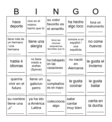 Pregunta a alguien si / qué / cómo / a quién Bingo Card