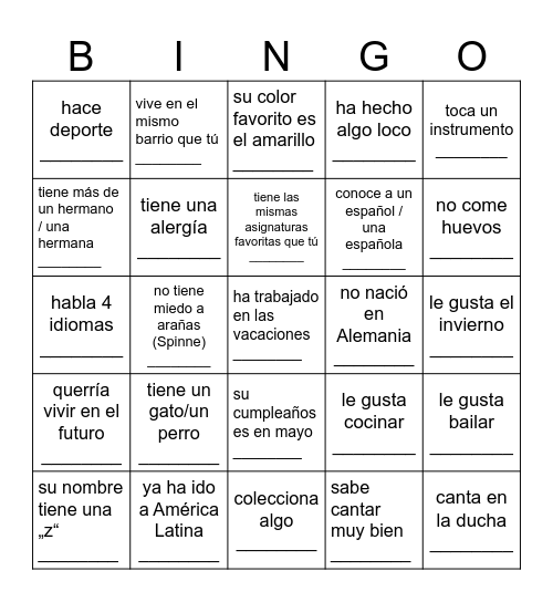 Pregunta a alguien si / qué / cómo / a quién Bingo Card