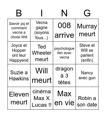 stranger things Bingo Card