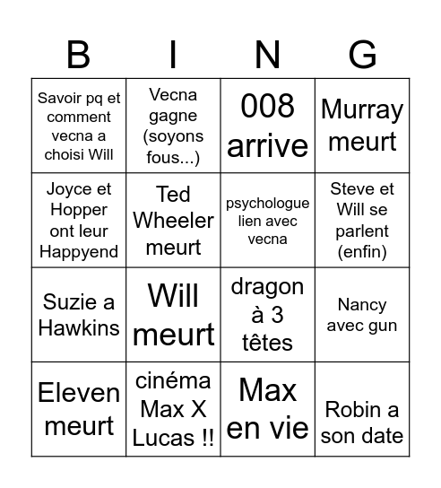 stranger things Bingo Card