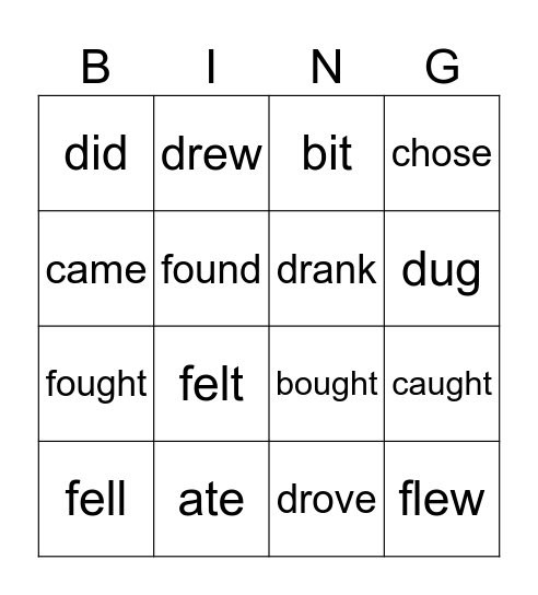 Irregular Verbs  Bingo Card