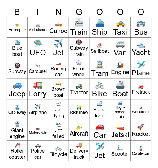 Vehicles Bingo Card