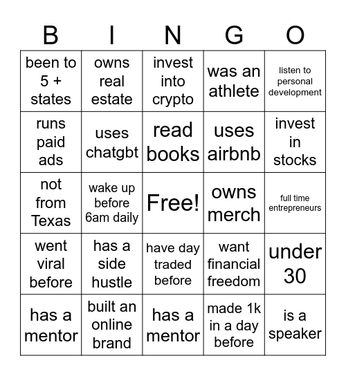 The Dallas Network Experience Bingo Card
