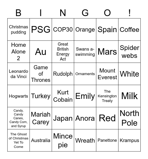 Festive Fun Bingo Quiz Bingo Card