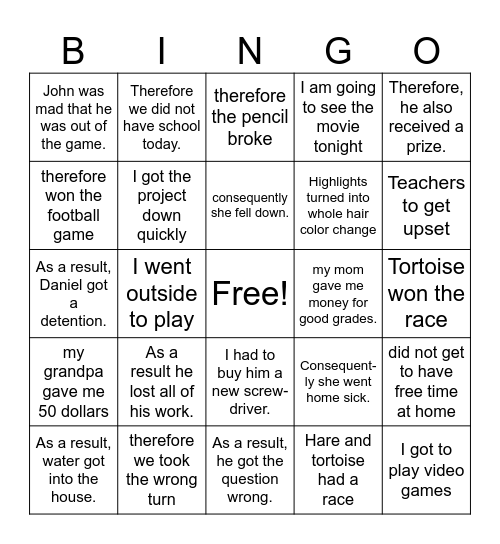 Cause and Effect Bingo Card