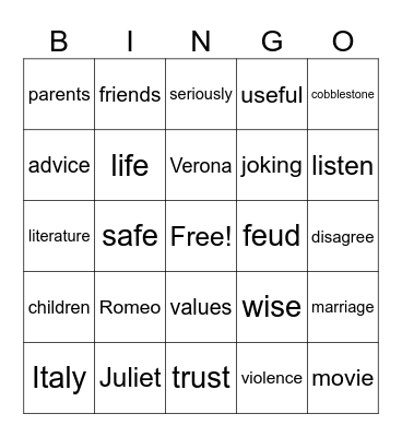 Romeo and Juliet Bingo Card