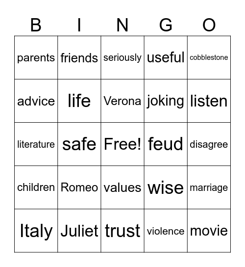 Romeo and Juliet Bingo Card