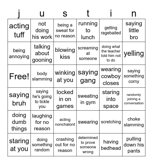 Justin Bingo Card