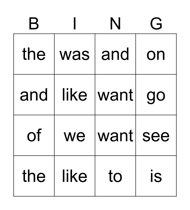 Tricky Word Bingo Card