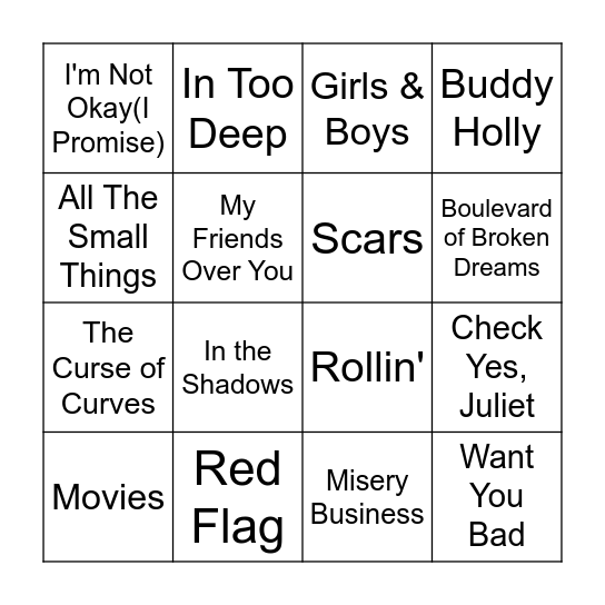 Emo x Pop Punk Bingo 1 Bingo Card