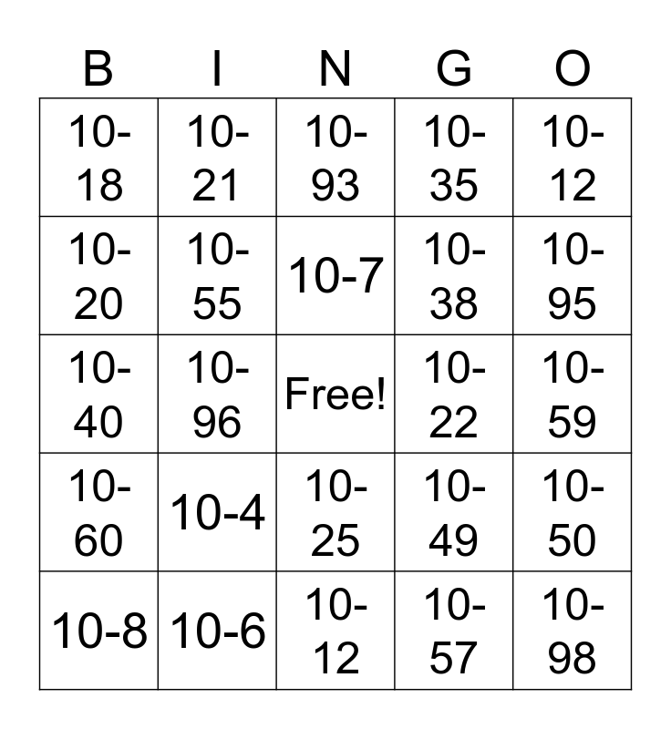 10 Codes Bingo Card