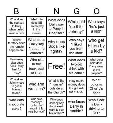 The Outsiders Movie Trivia Bingo Card