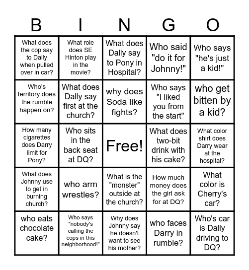 The Outsiders Movie Trivia Bingo Card