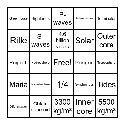 Earth & Moon Bingo Card
