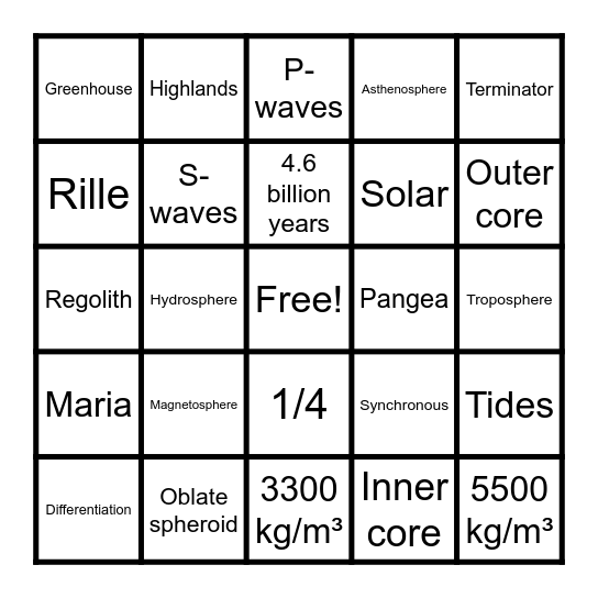 Earth & Moon Bingo Card