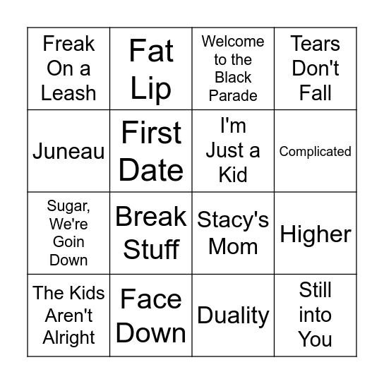 Emo x Pop Punk Bingo 3 Bingo Card
