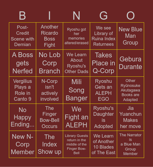 Devalous' Canto 9 Bingo/Predictions Bingo Card