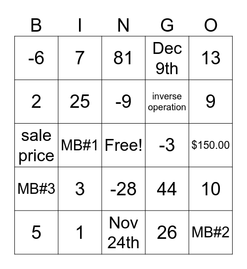 Math Bingo Card