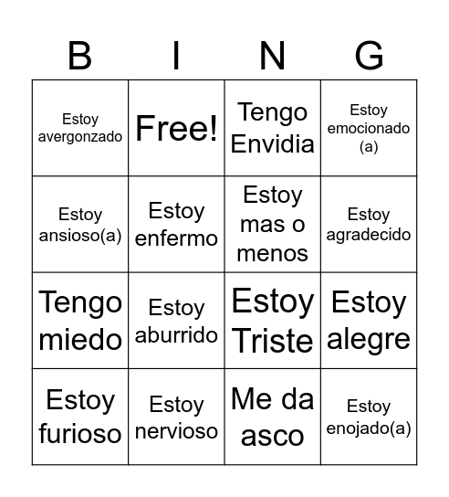 Feelings and Emotions Bingo Card