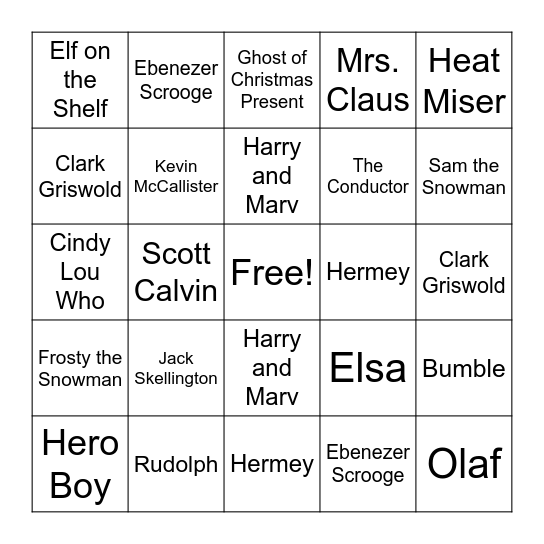 Holiday Character Bingo Card