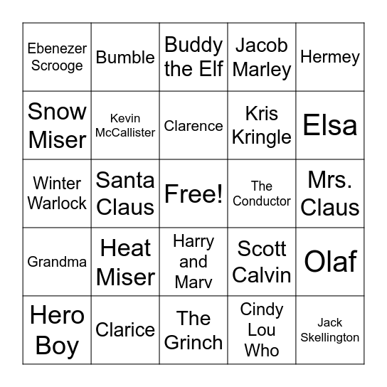 Holiday Character Bingo Card